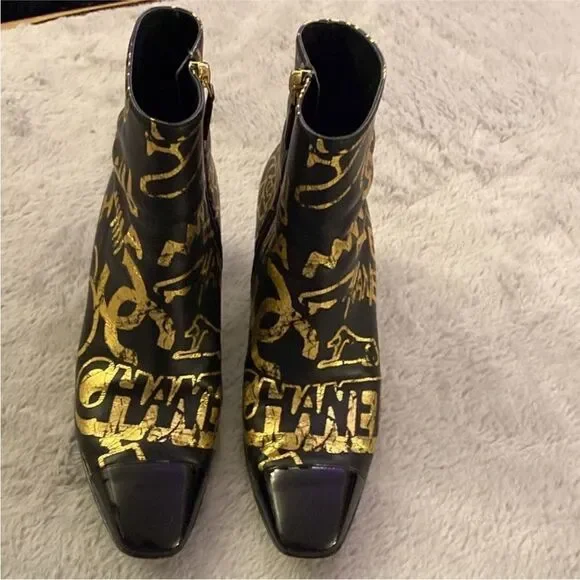 Chanel Black and Gold Ankle Boots, US7 - Picture 2 of 12